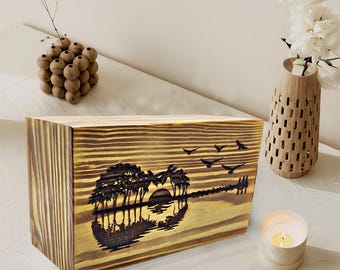 Handmade Pinewood Cremation Urn with Engraved Guitar Design | Wooden Urn Box For Adult Ashes | Funeral Urns | Burial Urns | Large ashes Urns