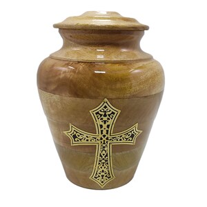 Handemade Wooden jar urn brass etching cross  for Ashes Adult Male.persnolize Cremation urns for Human Ashes Adult Female.large up to 220 ib