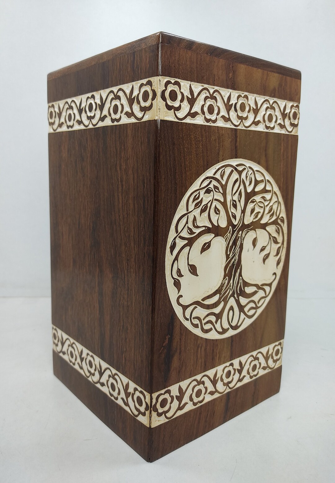 Wooden Urn Ashes Storage Box White Dark Tree Engraving Design Large Urn