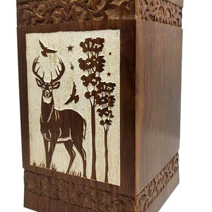 Handcrafted Wooden Urn – Deer & Tree Design | Personalized Cremation Urn for Ashes