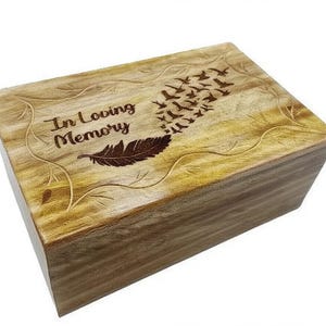 Personalized Wooden Cremation Urn for Ashes – Large Handcrafted Mango Wood Urn with Flying Birds Engraving Design