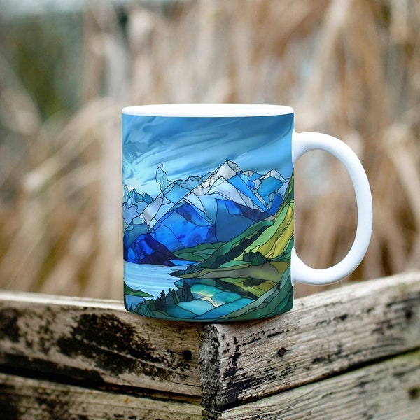 Stained Glass Mountain Range Landscape Coffee Mug Nature Inspired Mug Gift for Nature Lover Dad Gift Watercolor Mountain Scene Mountain Mug