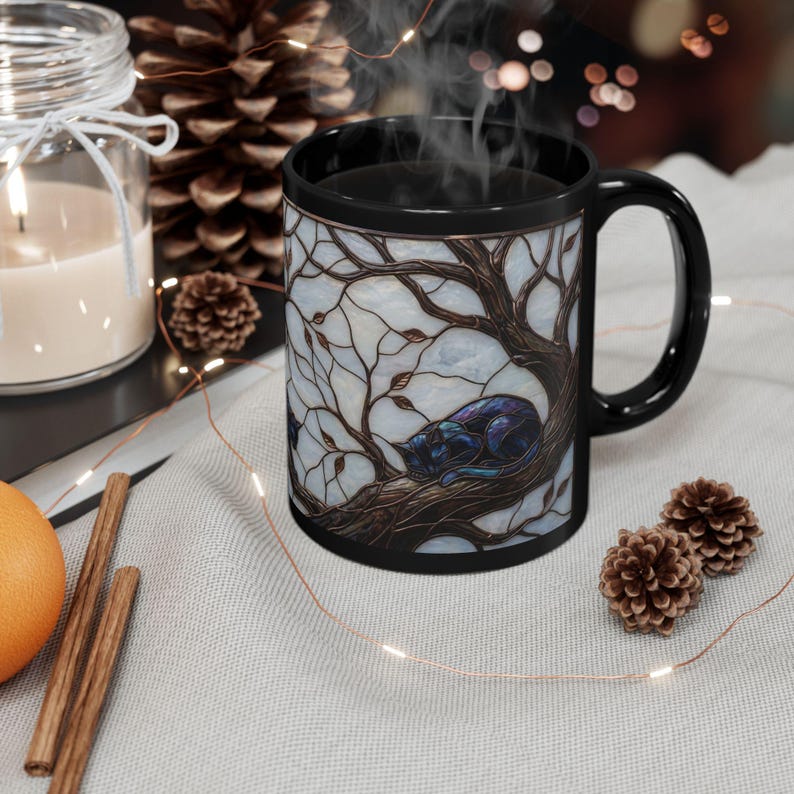 Stained Glass Style Cat Mug, Black Ceramic Coffee Cup with Blue Cats in Tree, Unique Gift for Cat Lovers, Cozy Home Decor Art image 8