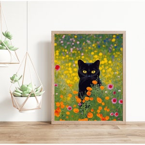 Gustav Klimt Inspired Garden Cat Print, Klimt Flowers Cat Printable Wall Art, Black Cat Art, Floral Download, Cat Art Gift, Digital Download