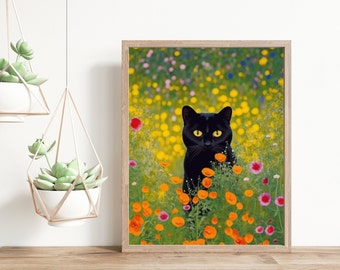 Gustav Klimt Inspired Garden Cat Print, Klimt Flowers Cat Printable Wall Art, Black Cat Art, Floral Download, Cat Art Gift, Digital Download
