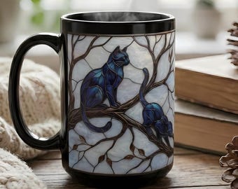 Tazza a forma di gatto in stile vetro colorato, tazza da caffè in ceramica nera con gatti blu su un albero, regalo unico per gli amanti dei gatti, accogliente decorazione d'interni