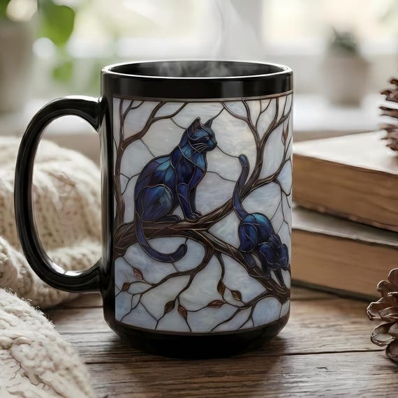 Stained Glass Style Cat Mug, Black Ceramic Coffee Cup with Blue Cats in Tree, Unique Gift for Cat Lovers, Cozy Home Decor Art