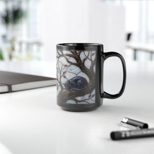 Stained Glass Style Cat Mug, Black Ceramic Coffee Cup with Blue Cats in Tree, Unique Gift for Cat Lovers, Cozy Home Decor Art image 5