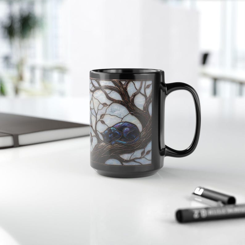Stained Glass Style Cat Mug, Black Ceramic Coffee Cup with Blue Cats in Tree, Unique Gift for Cat Lovers, Cozy Home Decor Art image 5