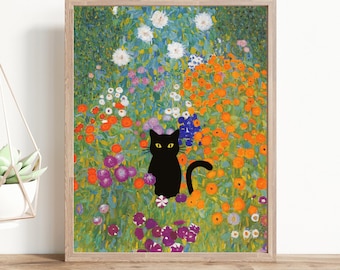 Gustav Klimt Garden Cat Print, Klimt Flowers Cat Poster, Black Cat Art, Floral Print, Cat Art Gift, Home Decor Premium Matte Vertical Poster