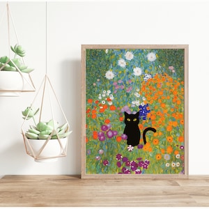 Gustav Klimt Garden Cat Print, Klimt Flowers Cat Printable Wall Art, Black Cat Art, Floral Download, Cat Art Gift, Digital Download