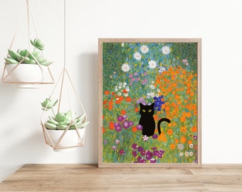 Gustav Klimt Garden Cat Print, Klimt Flowers Cat Printable Wall Art, Black Cat Art, Floral Download, Cat Art Gift, Digital Download