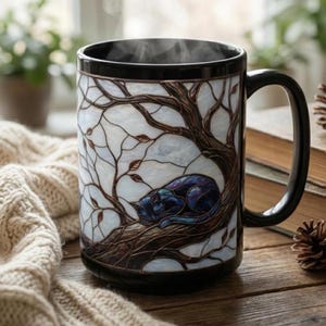 May include: A black ceramic mug with a stained-glass design featuring a sleeping cat on a tree branch. The mug has a black handle and rim, with steam rising from the contents. The background includes a cozy sweater and books.