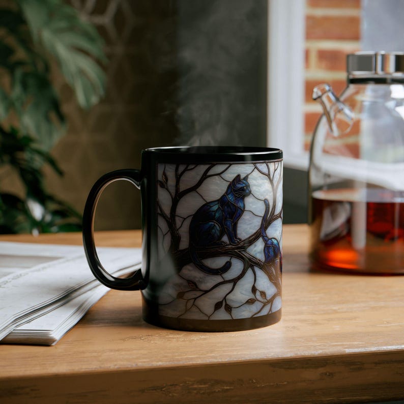 Stained Glass Style Cat Mug, Black Ceramic Coffee Cup with Blue Cats in Tree, Unique Gift for Cat Lovers, Cozy Home Decor Art image 7