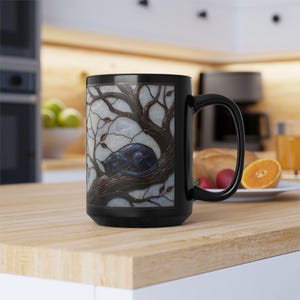 Stained Glass Style Cat Mug, Black Ceramic Coffee Cup with Blue Cats in Tree, Unique Gift for Cat Lovers, Cozy Home Decor Art image 4