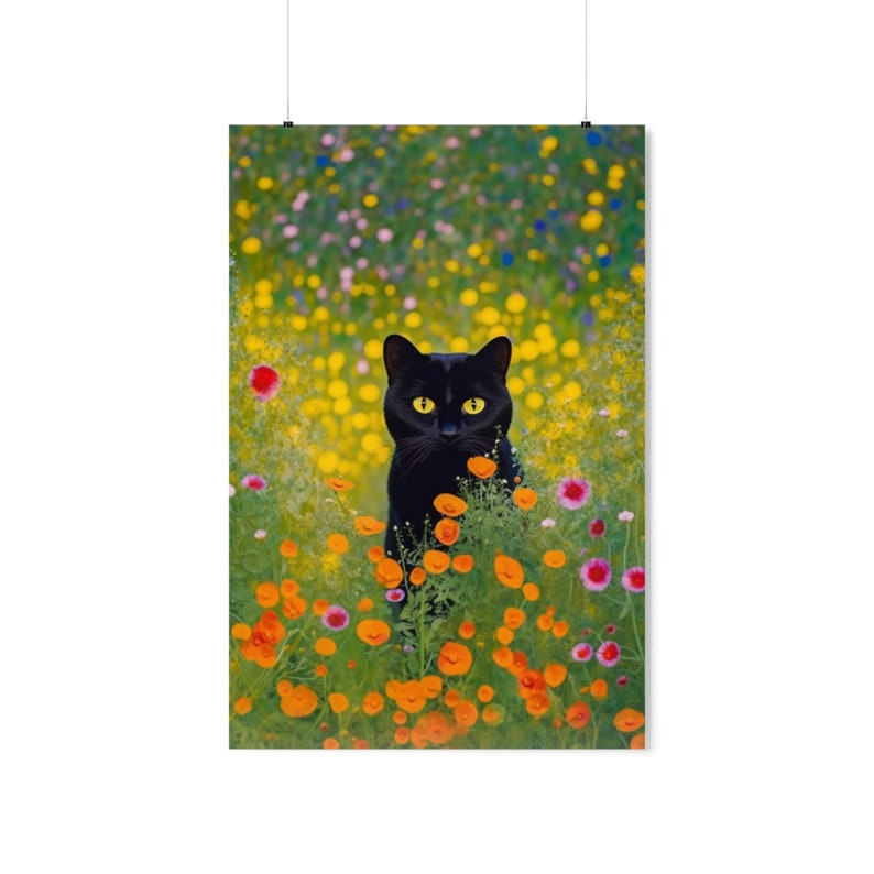 Gustav Klimt Inspired Garden Cat Print, Klimt Flowers Cat Poster, Black ...