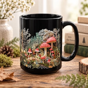 Red Toadstool Mushroom Forest Mug | Black Ceramic Coffee Cup | Toadstool Mushroom 3d Mug
