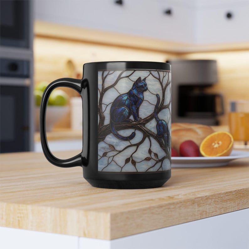 Stained Glass Style Cat Mug, Black Ceramic Coffee Cup with Blue Cats in Tree, Unique Gift for Cat Lovers, Cozy Home Decor Art image 3