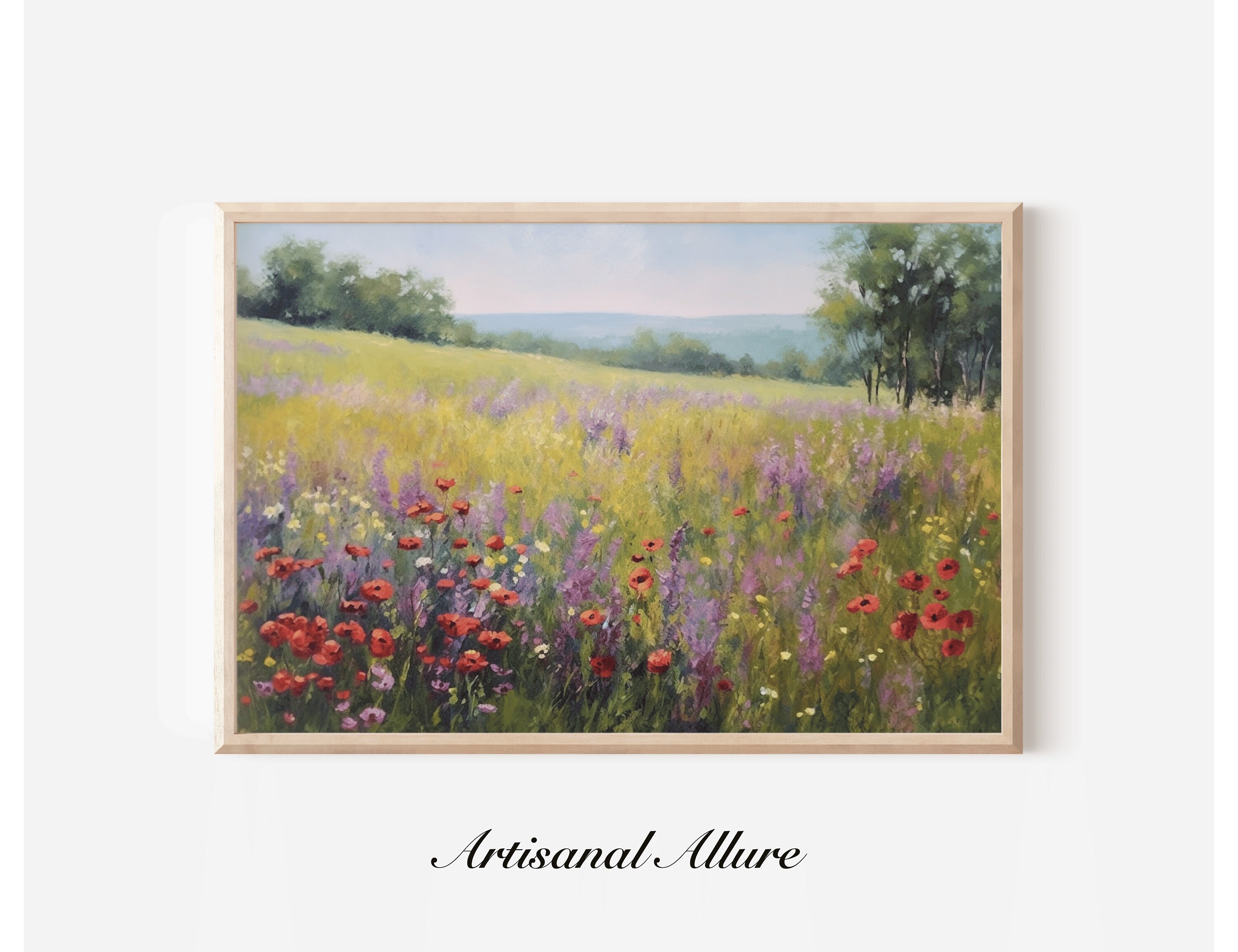 Printable Wildflower Field Landscape Oil Painting, Vintage Landscape Art Print, Country Field Wall Art Digital Download