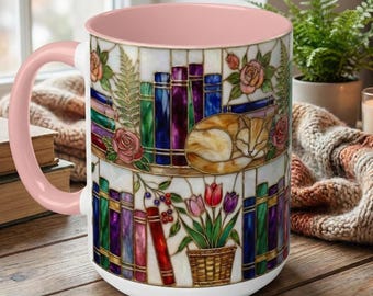 Stained Glass Style Cat & Books Mug, Book Lover Coffee Cup, Cozy Reading Gift, Floral Library Mug, Librarian Gift
