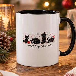 Merry Catmas-mugg, svart katt-julkaffemugg med juldekoration
