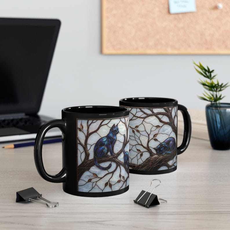 Stained Glass Style Cat Mug, Black Ceramic Coffee Cup with Blue Cats in Tree, Unique Gift for Cat Lovers, Cozy Home Decor Art image 6