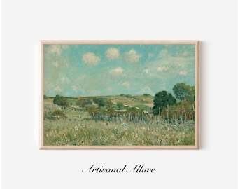 Printable Wildflower Field Landscape Oil Painting, Vintage Landscape Art Print, Country Field Wall Art Digital Download