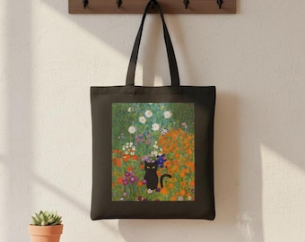 Gustav Klimt Black Cat Art Canvas Tote Bag - Floral Garden Design