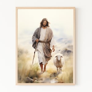 Jesus Christ The Good Shepherd Art, Jesus And The Lamb Digital Print, Christian Wall Art, Jesus Painting, Jesus Leaves The 99,Christian Gift