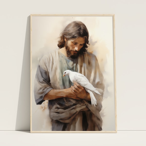 Jesus Christ Print, Jesus and the Dove, Bible Art, Christian Wall Art, Neutral Colors, Jesus Painting, Jesus Wall Art, Jesus Watercolor Art