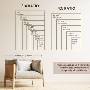 Puede incluir: Un gr&aacute;fico que muestra diferentes tama&ntilde;os y proporciones para impresiones de arte de pared. El gr&aacute;fico incluye medidas en pulgadas y cent&iacute;metros. El texto "3:4 Ratio" y "4:5 Ratio" se muestra en la parte superior del gr&aacute;fico. El texto "Por favor, env&iacute;enos un mensaje si desea un tama&ntilde;o o una proporci&oacute;n diferente (Responde en 8 horas)" se muestra en la parte inferior del gr&aacute;fico.