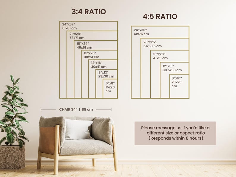 Puede incluir: Un gr&aacute;fico que muestra diferentes tama&ntilde;os y proporciones para impresiones de arte de pared. El gr&aacute;fico incluye medidas en pulgadas y cent&iacute;metros. El texto "3:4 Ratio" y "4:5 Ratio" se muestra en la parte superior del gr&aacute;fico. El texto "Por favor, env&iacute;enos un mensaje si desea un tama&ntilde;o o una proporci&oacute;n diferente (Responde en 8 horas)" se muestra en la parte inferior del gr&aacute;fico.