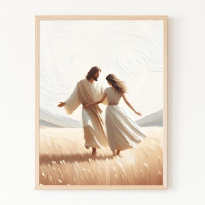 Puede incluir: Una impresión artística enmarcada representa a dos figuras con túnicas blancas fluidas caminando por un campo. La obra de arte tiene un estilo suave y pictórico con tonos cálidos y terrosos y un cielo brillante y texturizado. Las figuras parecen estar en un momento de conexión.