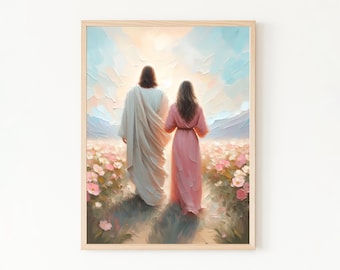 Walking in Light, Jesus Walking with Woman Wall Art, Jesus and Girl Painting, Modern Christian Artwork, LDS Printable Art, Jesus Girl Print