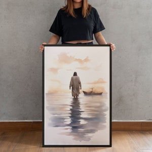 May include: A watercolor painting of a man walking on water towards a small boat. The painting has a soft, ethereal feel with a light orange and yellow sky.