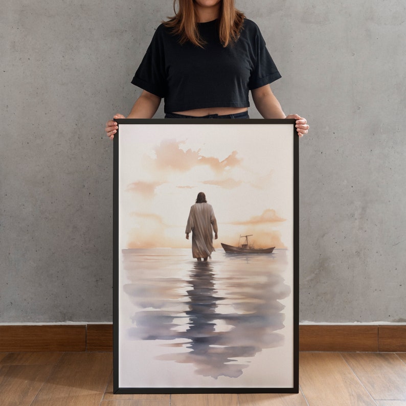 May include: A watercolor painting of a man walking on water towards a small boat. The painting has a soft, ethereal feel with a light orange and yellow sky.