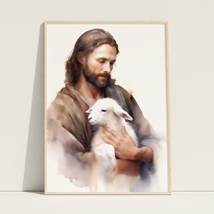 Pintura de Jesús con cordero, imprimible religioso, El buen pastor, arte mural cristiano, pintura de Jesús, arte mormón, arte bíblico, retrato de Jesús