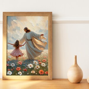May include: A painting of Jesus Christ walking with a young girl in a field of flowers. The girl is wearing a pink dress and Jesus is wearing a white robe. The background is a blue sky with clouds.