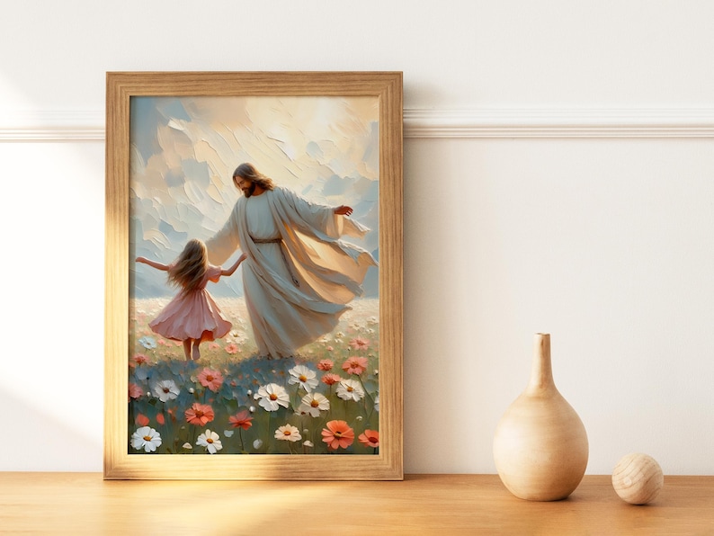 May include: A painting of Jesus Christ walking with a young girl in a field of flowers. The girl is wearing a pink dress and Jesus is wearing a white robe. The background is a blue sky with clouds.