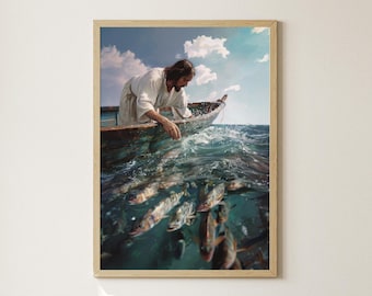 The Miraculous Catch of Fish, Digital Christian Artwork, Bible Verse Wall Art, Jesus Poster, Picture of Christ, Catholic Print, LDS Painting