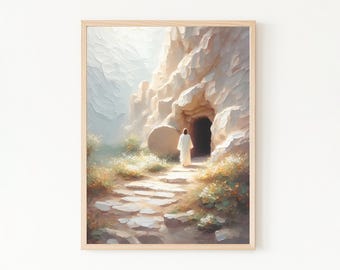 ¡Ha resucitado! Lámina digital de Pascua, lámina para pared con la imagen de la resurrección de Jesús, pintura de la escena de la tumba vacía, decoración de pared de Pascua, póster cristiano.