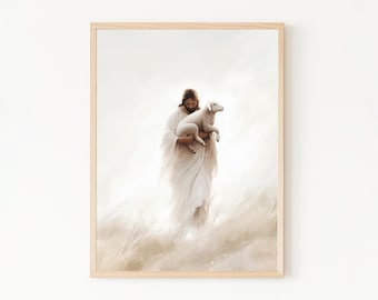 The Second Chance, Lost Sheep Christian Wall Art, Jesus Lamb Digital Print, Leaves the 99 Painting, Good Shepherd Printable, Christ Artwork