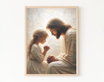 Ihr kleines Gebet, Jesus und kleines betendes Mädchen LDS Art, Jesus mit Kindermalerei, moderne christliche Wandkunst, Kinderbibelkunst zum ausdrucken
