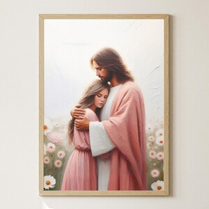 May include: A painting of a man and a woman embracing in a field of pink flowers. The man is wearing a pink robe and the woman is wearing a pink dress. The painting is framed in a light wood frame.