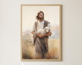 May include: A painting of a man with long brown hair and a beard, wearing a brown robe, holding a white lamb in his arms. The background is a soft, blurred landscape with a warm, golden light.