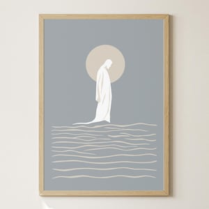 Jesus Walks on Water Digital, Minimalist Neutral Christian Art, Bible Sketches Print, Modern Catholic Wall Art, Christ Artwork, LDS Poster