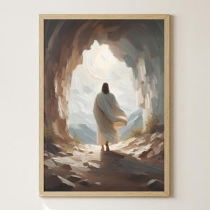 Puede incluir: Una pintura de una persona con una túnica blanca saliendo de una cueva hacia una luz brillante.