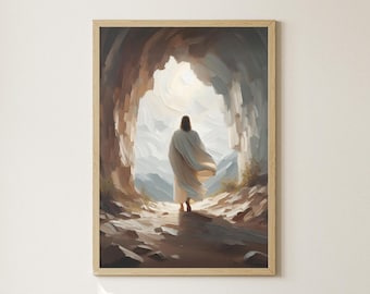 May include: A painting of a person in a white robe walking out of a cave towards a bright light.