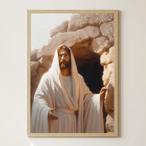 Ele ressuscitou para impressão, arte de parede da ressurreição de Jesus, impressão de arte digital de Páscoa, pintura de cena de túmulo vazio, decoração de parede de Páscoa, pôster cristão