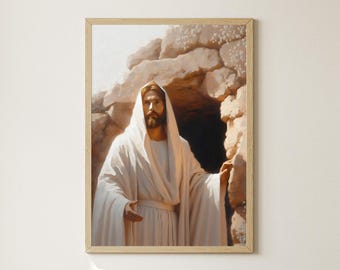 He Is Risen Printable, Jesus Resurrection Wall Art, Easter Digital Art Print, Empty Tomb Scene Painting, Easter Wall Decor, Christian Poster